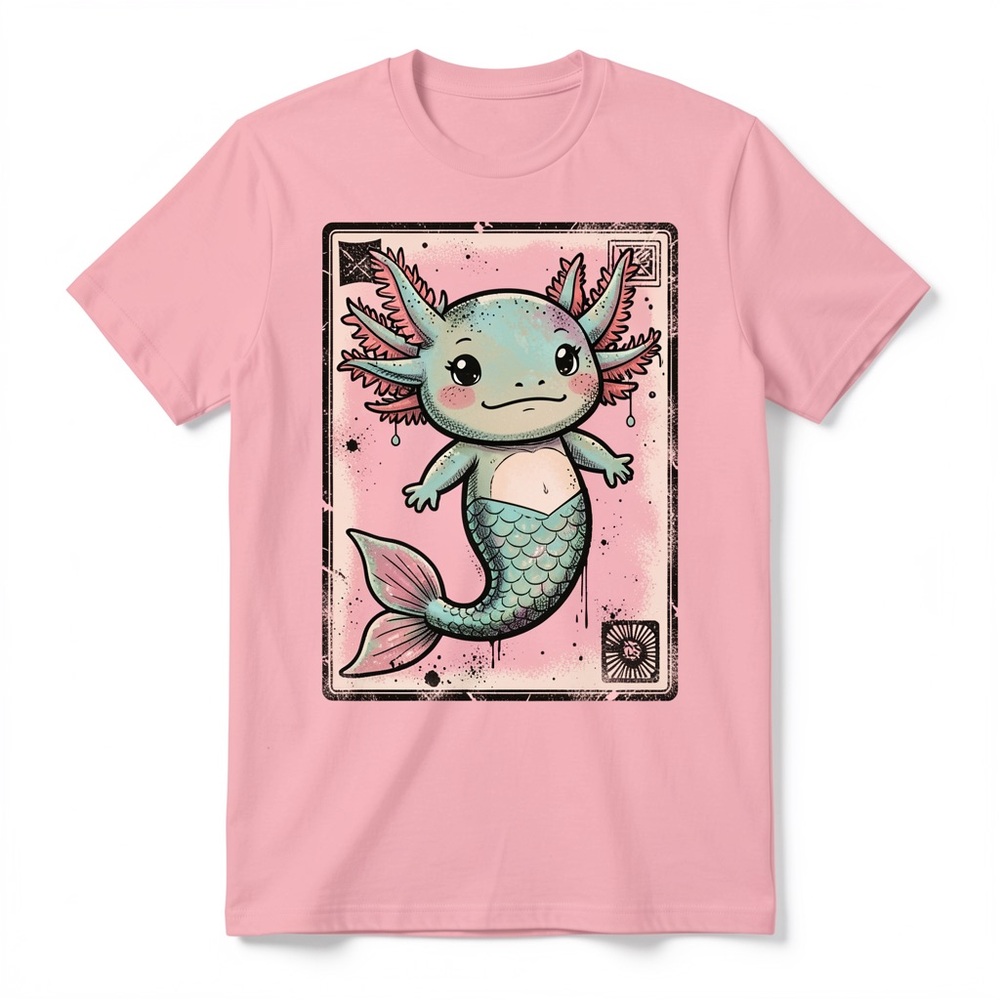 Gildan Pink Tee with Teal and Pink Axolotl-Mermaid Graphic